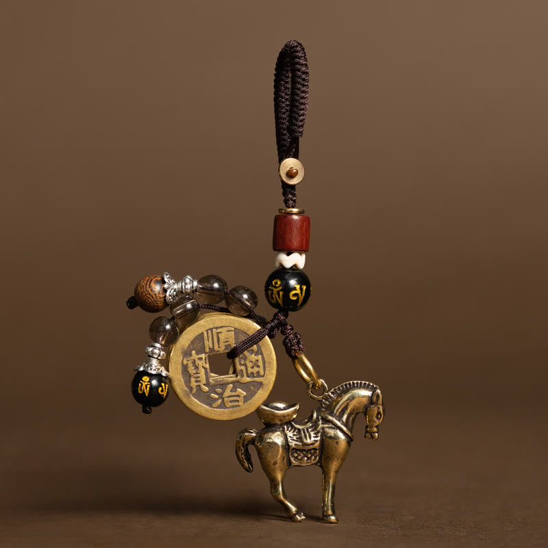 Horse Emperor Coins Key Chain - Brass horse with ingot and Shunzhi coin charm, feng shui keychain Main image