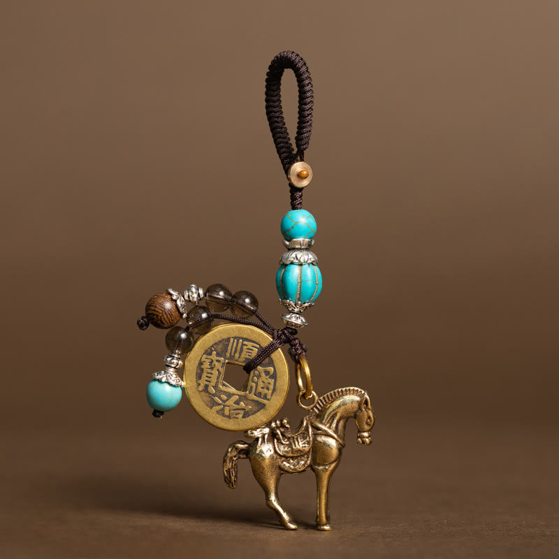 Horse Emperor Coins Key Chain - Side view of beaded charm with coin and horse, feng shui pendant
