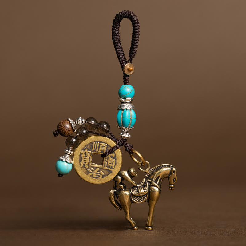 Horse Emperor Coins Key Chain - Front view with turquoise beads and brass horse, lucky keychain