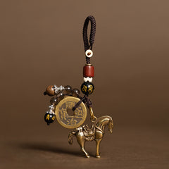 Horse Emperor Coins Key Chain - Ornate horse figurine with ancient coin and wooden beads, lucky charm