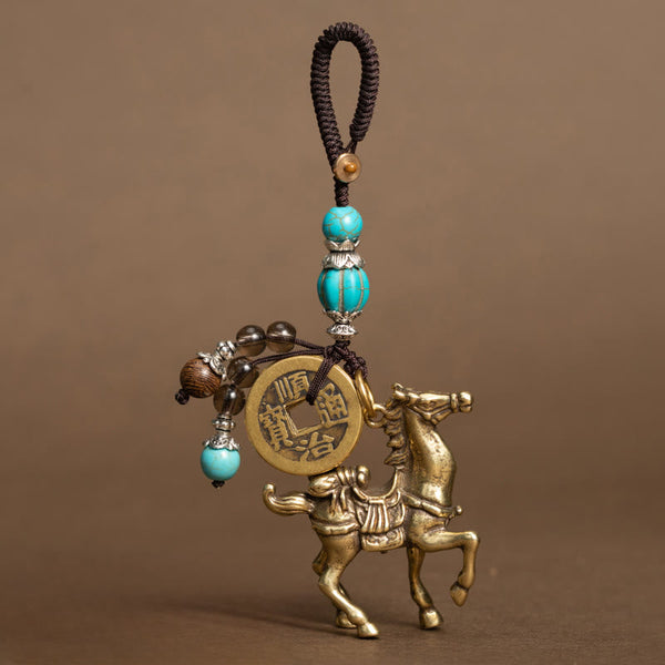 Horse Emperor Coins Key Chain - Horse pendant with turquoise beads and brass bells, auspicious ornament