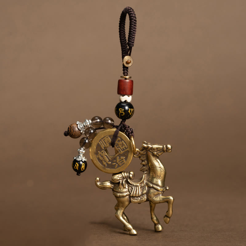 Horse Emperor Coins Key Chain - Horse charm with red bead and gold-inscribed bead, Chinese talisman