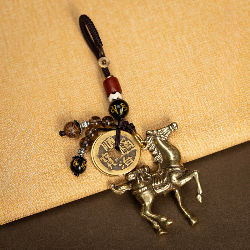 Horse Emperor Coins Key Chain - Monkey-on-horse motif on golden fabric, traditional feng shui charm