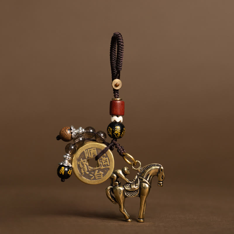 Horse Emperor Coins Key Chain - Monkey riding horse figurine with mantra beads, prosperity charm