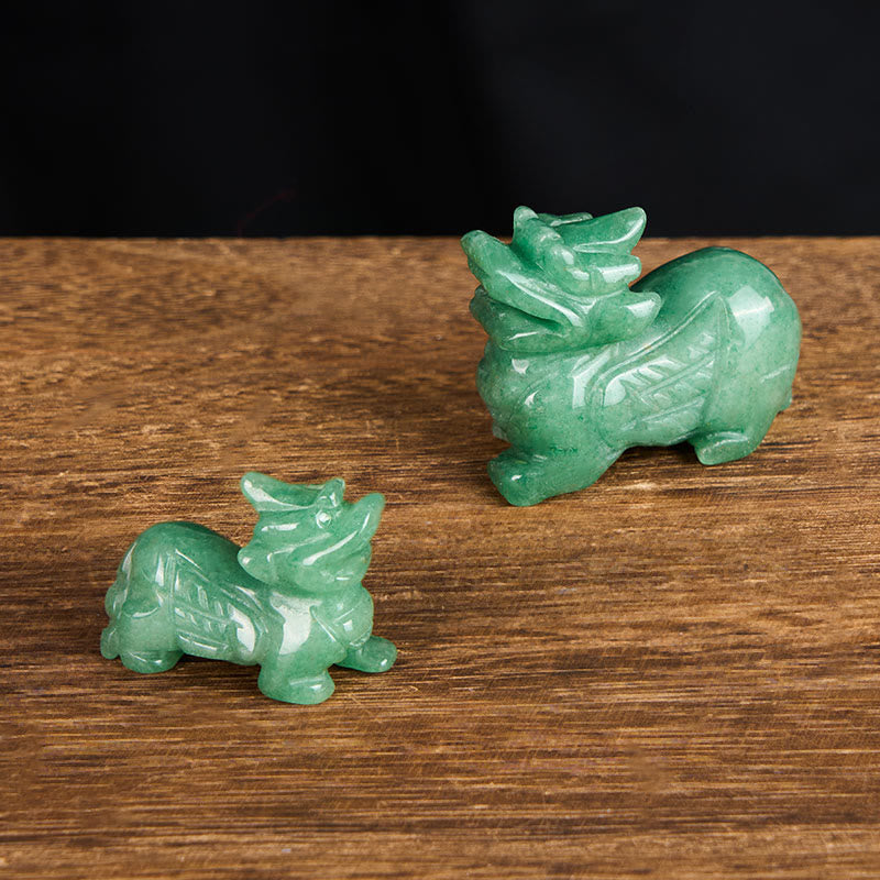 Choose Wisely Green Aventurine Pixiu – two sizes comparison wood, big small Pixiu pair