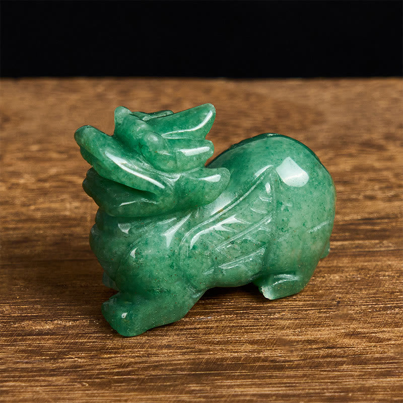 Choose Wisely Green Aventurine Pixiu – front angle dark wood, glossy green stone finish