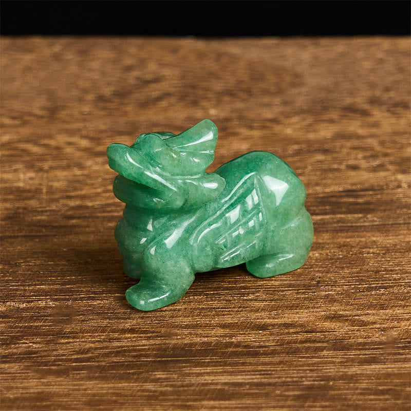 Choose Wisely Green Aventurine Pixiu – side view rustic wood, green jade-like stone carving