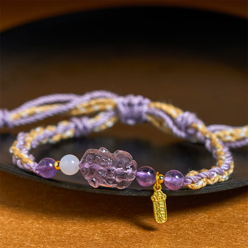 Natural Amethyst Balance Lucky Bracelet – black stone plate side view, purple crystal healing