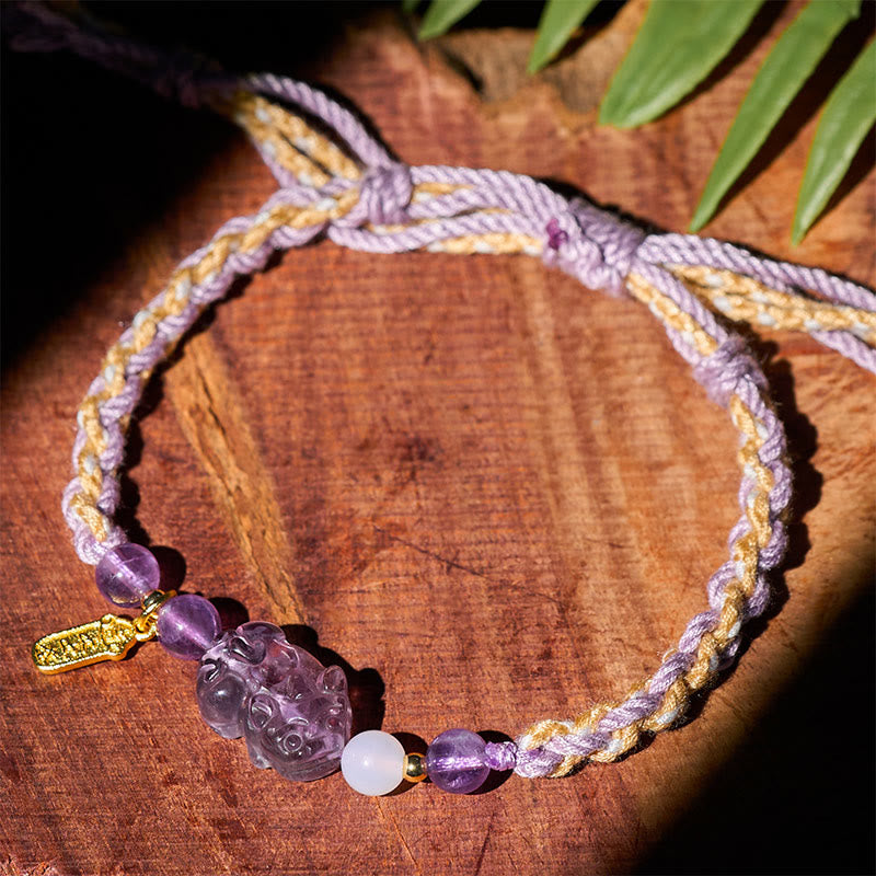 Natural Amethyst Balance Lucky Bracelet – wood green leaves natural light, adjustable braided band