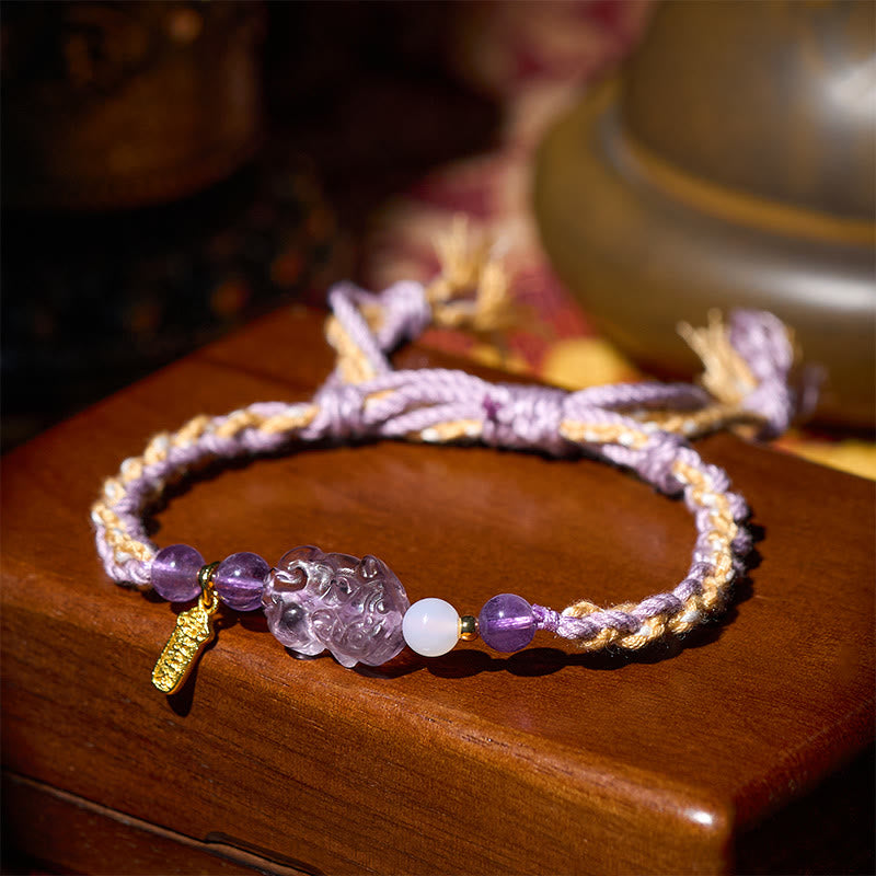 Natural Amethyst Balance Lucky Bracelet – wooden table teapot background, feng shui peace bracelet