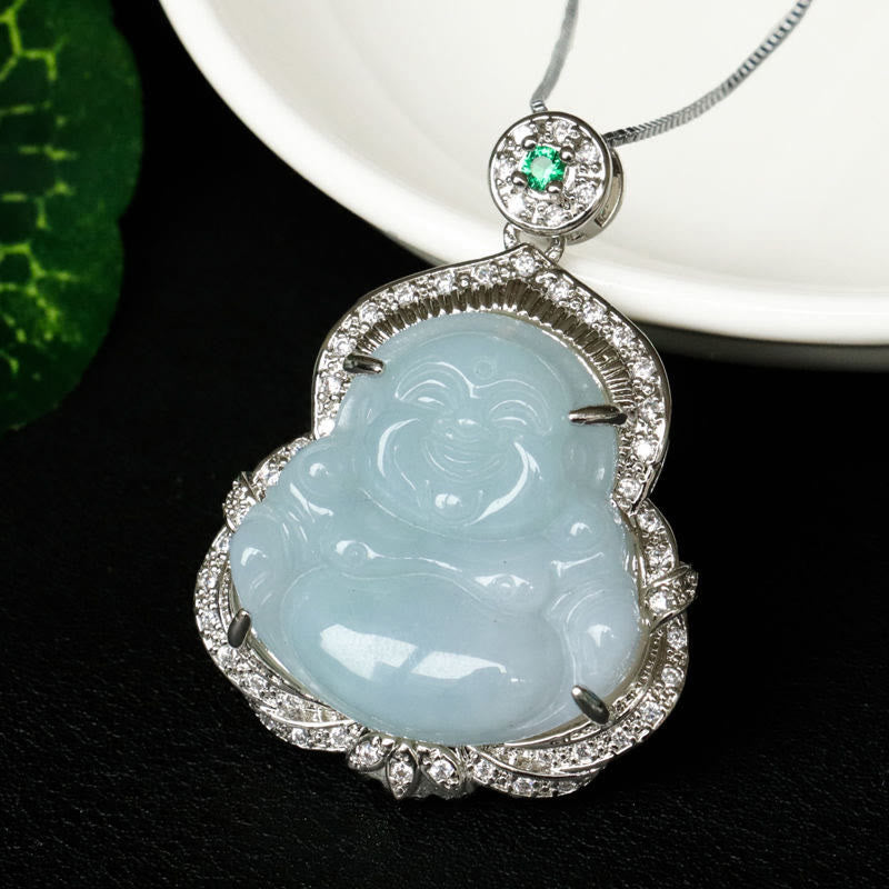 Jade Laughing Buddha Abundance Necklace Pendant – Hand-polished jade Buddha amulet with warm glow, Eastern symbol
