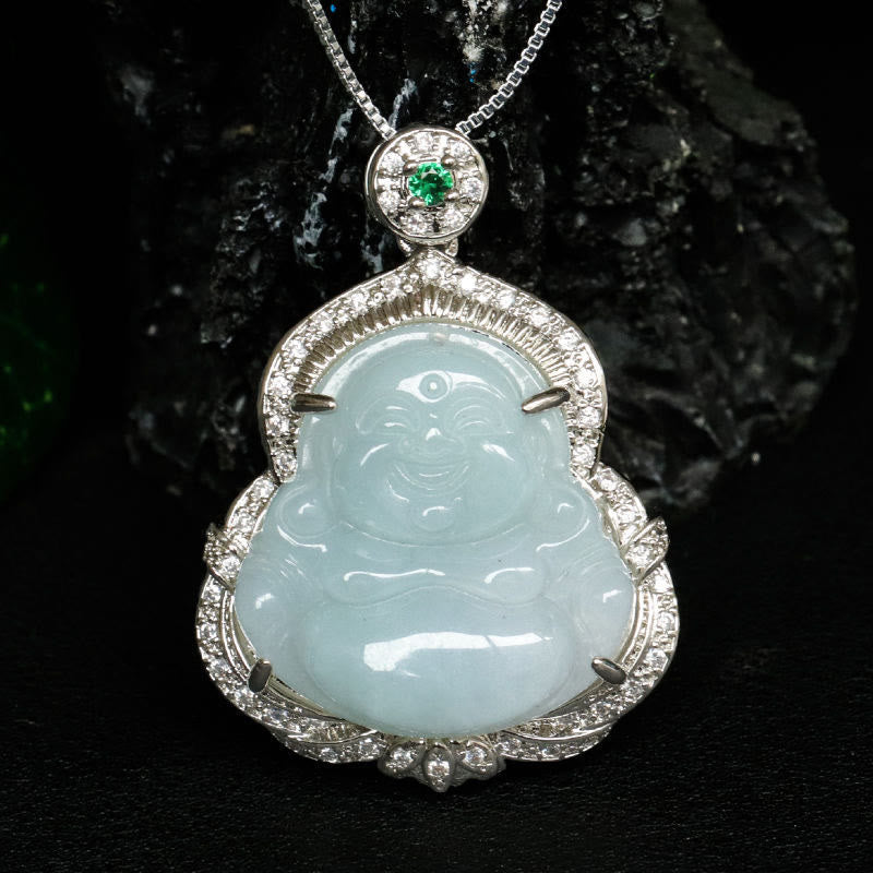 Jade Laughing Buddha Abundance Necklace Pendant – Round-bellied Buddha carving on titanium chain, abundance talisman