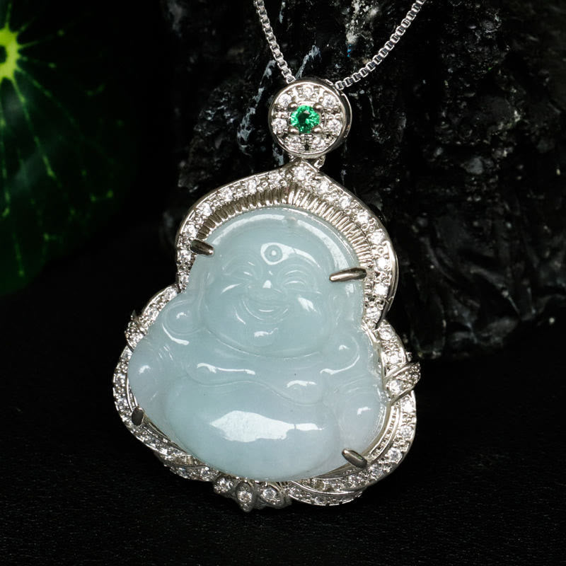 Jade Laughing Buddha Abundance Necklace Pendant – Natural stone pendant with rosy-cheeked Hotei, lucky charm