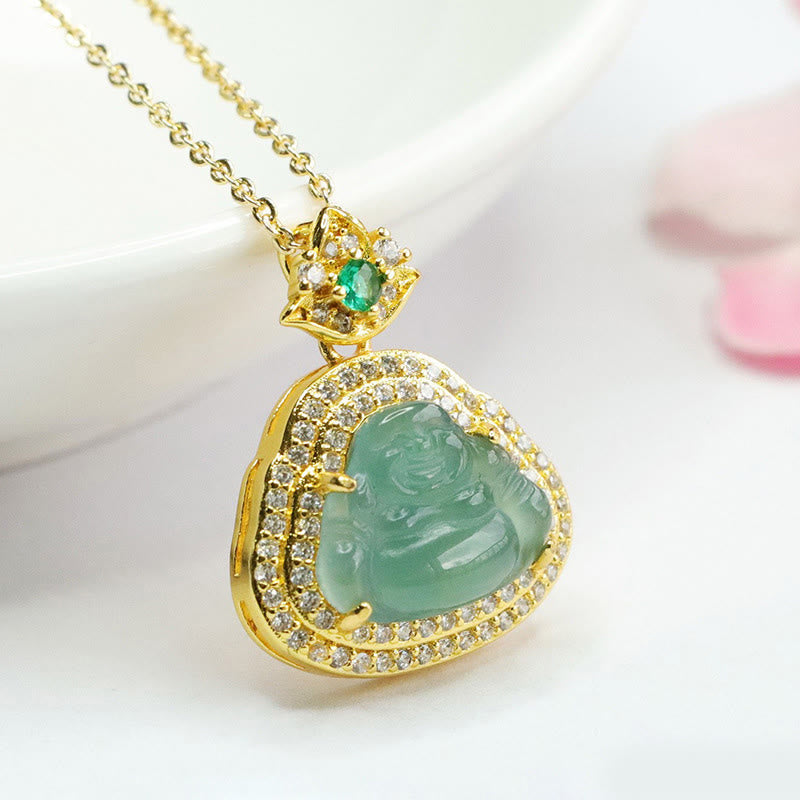 Jade Laughing Buddha Prosperity Necklace Pendant – adjustable cord knot close-up, unisex buddha necklace