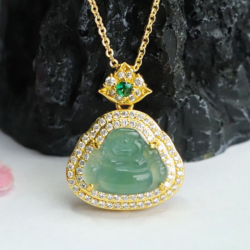 Jade Laughing Buddha Prosperity Necklace Pendant – pendant on dark velvet background, luxury spiritual jewelry