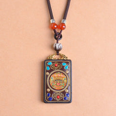 Zakiram Yin Yang Ebony Wood Pendant – centered on peach, gold-tone thangka jewelry