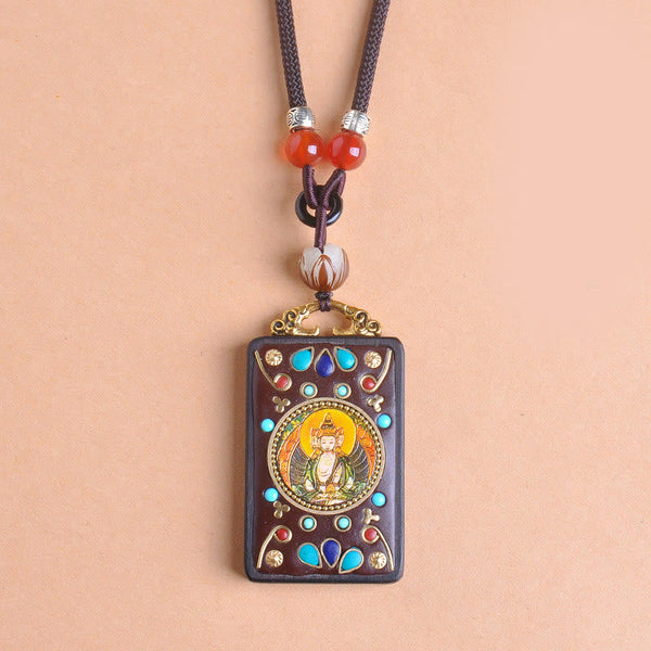 Zakiram Yin Yang Ebony Wood Pendant – centered on beige, deity thangka pendant