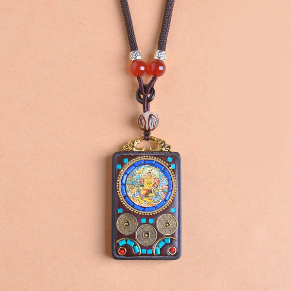 Zakiram Yin Yang Ebony Wood Pendant – front view, cash coins protection necklace