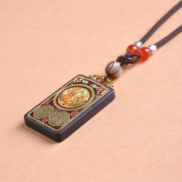 Zakiram Yin Yang Ebony Wood Pendant – 3/4 angle, multi-stone inlay ethnic necklace