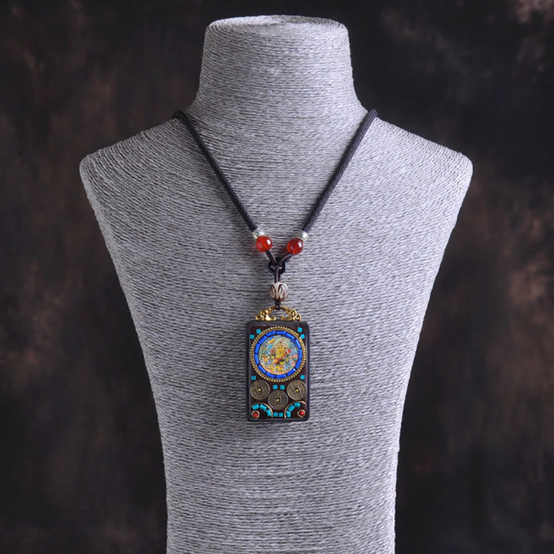 Zakiram Yin Yang Ebony Wood Pendant – mannequin, ornate Tibetan amulet jewelry