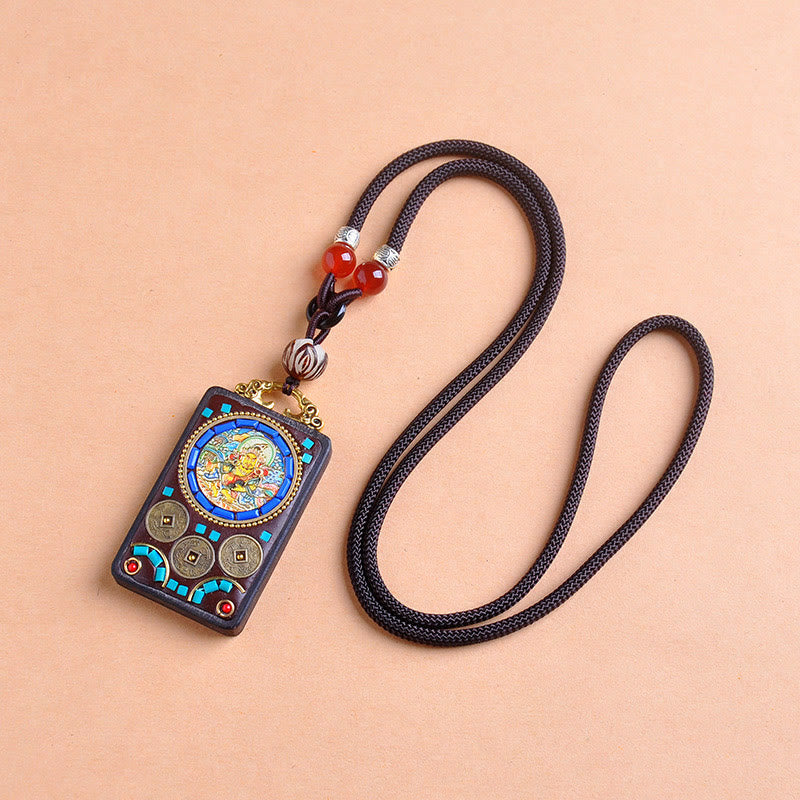 Zakiram Yin Yang Ebony Wood Pendant – flat lay, coins and stone inlay talisman