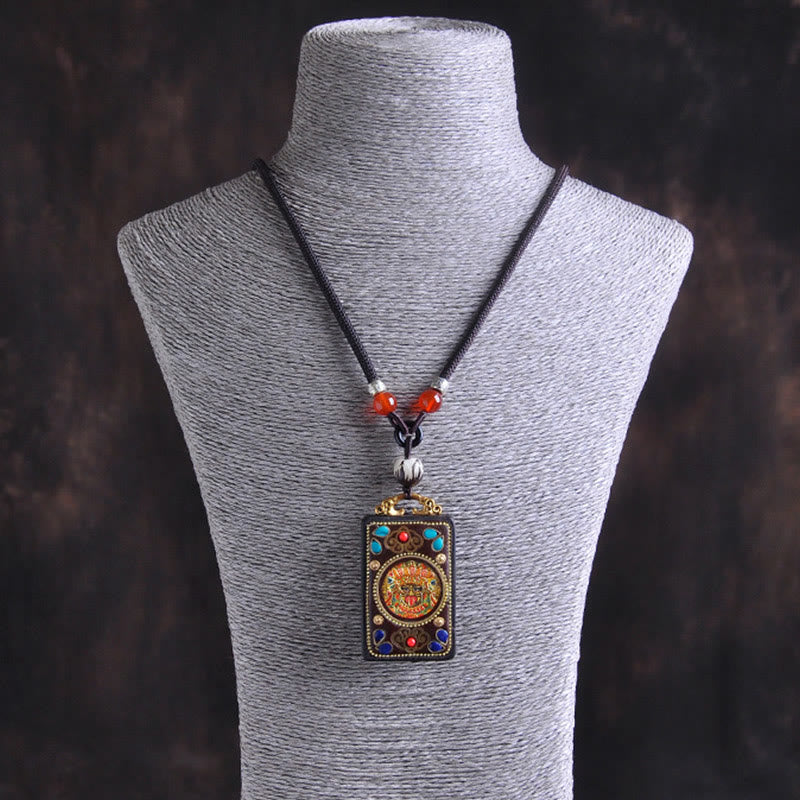Zakiram Yin Yang Ebony Wood Pendant – worn on mannequin, spiritual protection necklace