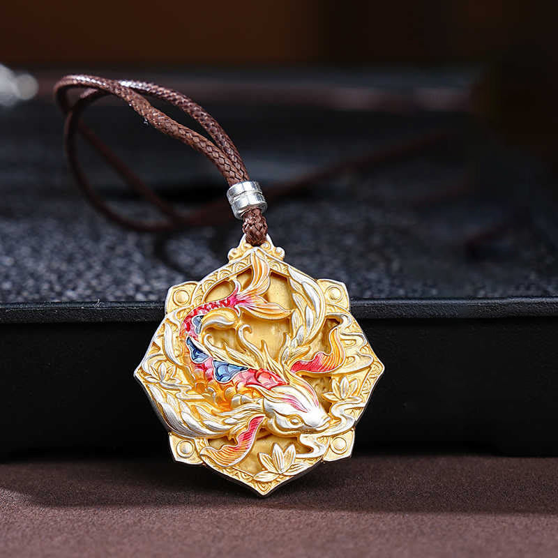 999 Silver Koi Pendant – Silver koi fish pendant on chain against black, carved luck necklace jewelry
