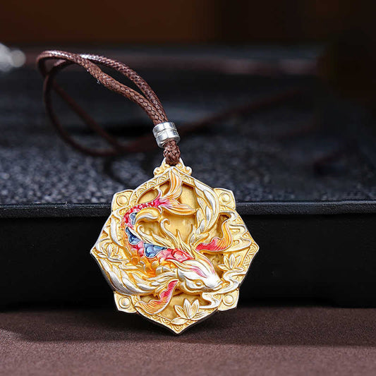 999 Silver Koi Pendant – Silver koi fish pendant on chain against black, carved luck necklace jewelry