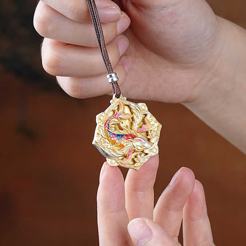 999 Silver Koi Pendant – Koi fish scale texture and fin detail macro shot, carved luck pendant