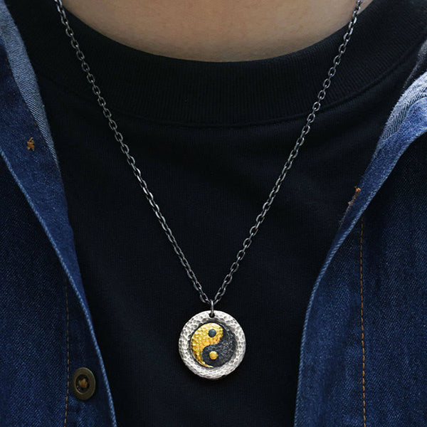 999 Silver Gold Yin Yang Balance Pendant Necklace - Worn yin-yang pendant over black top, mens spiritual necklace