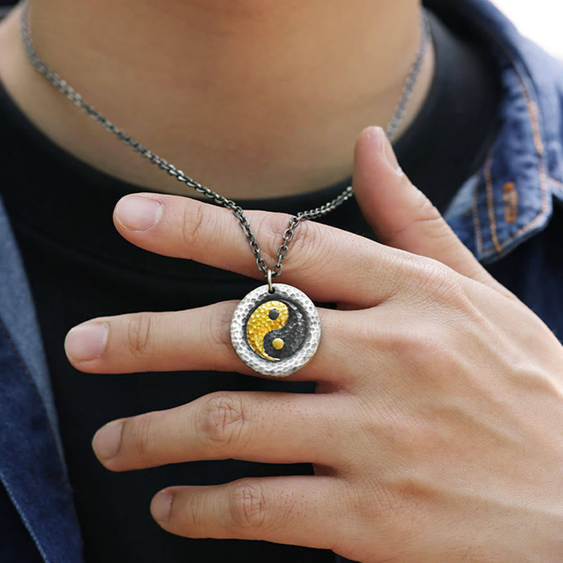 999 Silver Gold Yin Yang Balance Pendant Necklace - Worn yin-yang necklace with denim jacket, spiritual jewelry