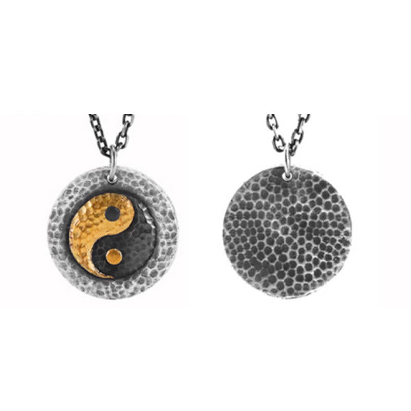 999 Silver Gold Yin Yang Balance Pendant Necklace - Front and back view on white, dual-tone yin yang pendant