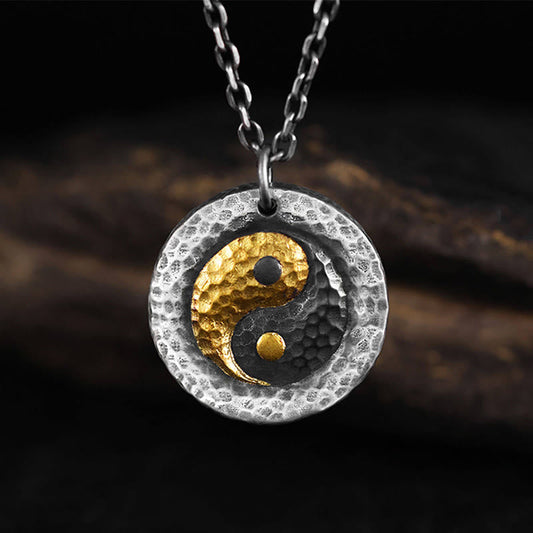 999 Silver Gold Yin Yang Balance Pendant Necklace - Gold and oxidized silver yin-yang disc, yin yang jewelry