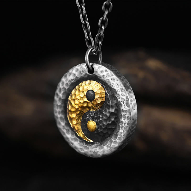 999 Silver Gold Yin Yang Balance Pendant Necklace - Hammered gold-silver yin-yang with dark patina, balance necklace
