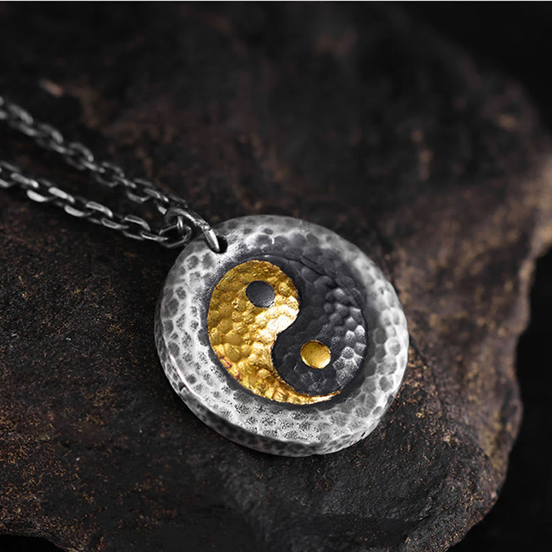 999 Silver Gold Yin Yang Balance Pendant Necklace - Artisan yin-yang medallion on natural stone, handmade jewelry
