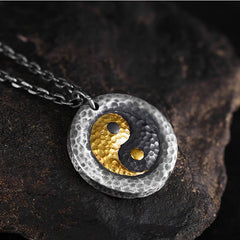 999 Silver Gold Yin Yang Balance Pendant Necklace - Artisan yin-yang medallion on natural stone, handmade jewelry