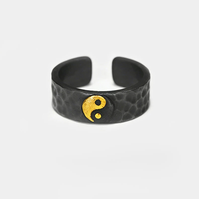 999 Silver Gold Yin Yang Ring - Open cuff ring with gold yin-yang on white, men's harmony ring
