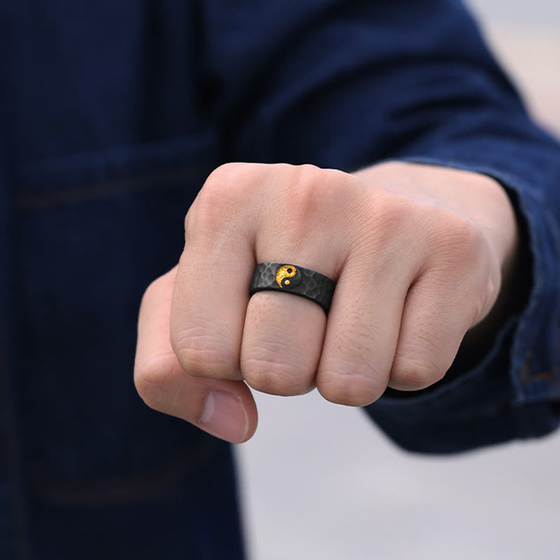 999 Silver Gold Yin Yang Ring - Black hammered ring with gold yin-yang worn on hand, men's statement ring