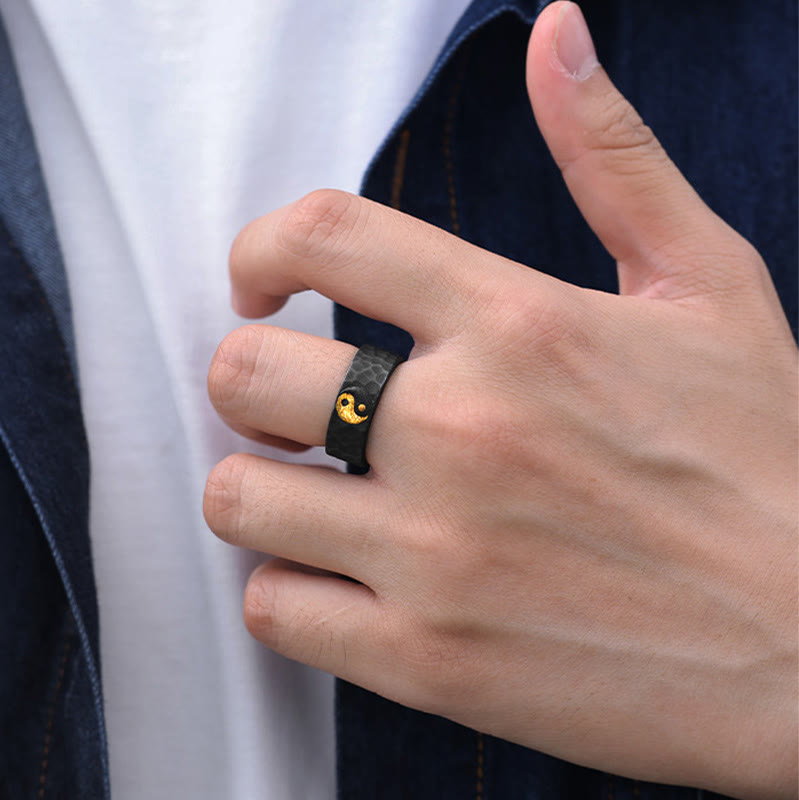 999 Silver Gold Yin Yang Ring - Gold yin-yang ring on hand with smart casual outfit, men's spiritual jewelry