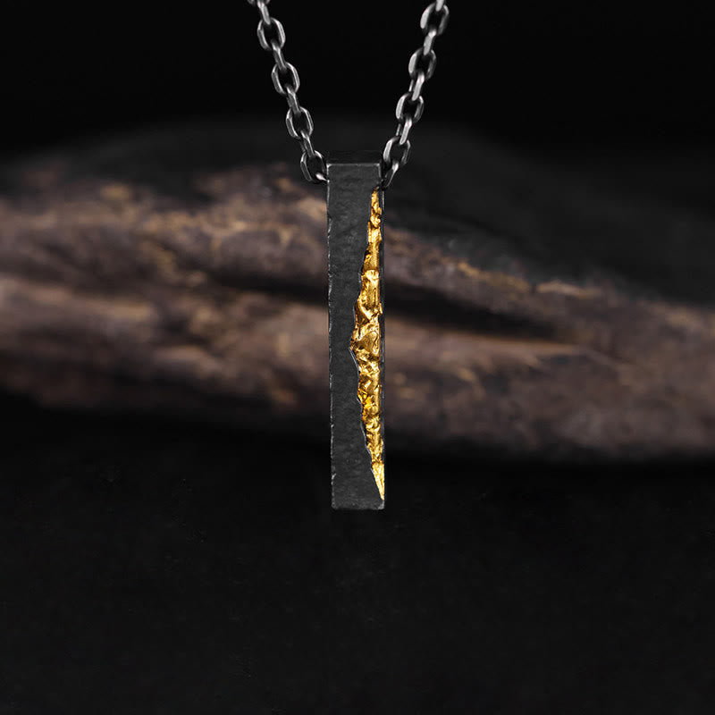 Om Mani Padme Hum Necklace – vertical bar pendant with gold crack detail on cable chain, frontal view, men's silver necklace