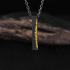 Om Mani Padme Hum Necklace – vertical bar pendant with gold crack detail on cable chain, frontal view, men's silver necklace