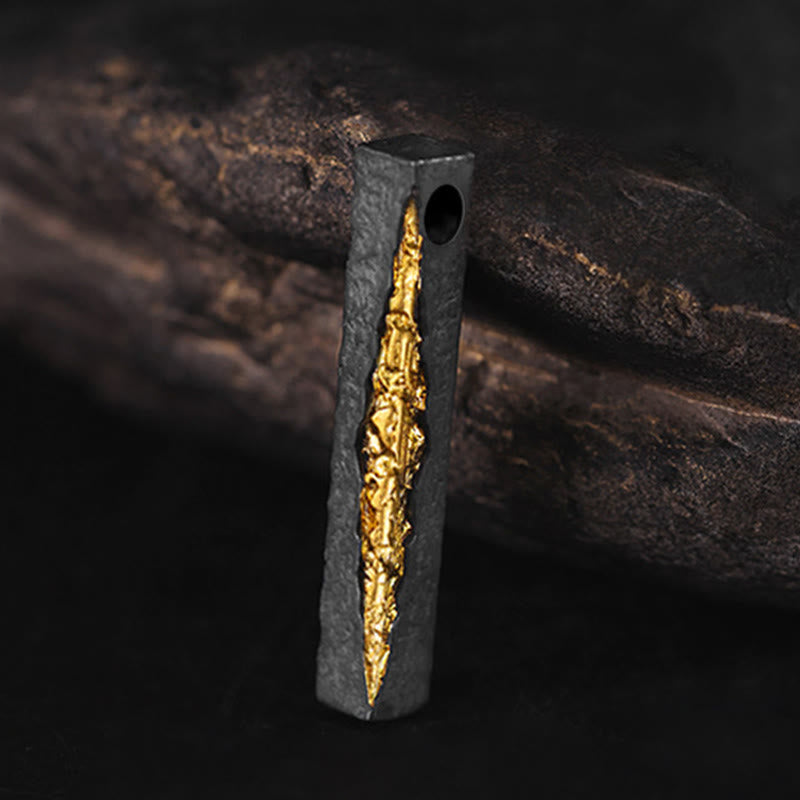 Om Mani Padme Hum Necklace – oxidized silver bar pendant with raw gold kintsugi fissure, three-quarter view, sterling silver necklace Main image