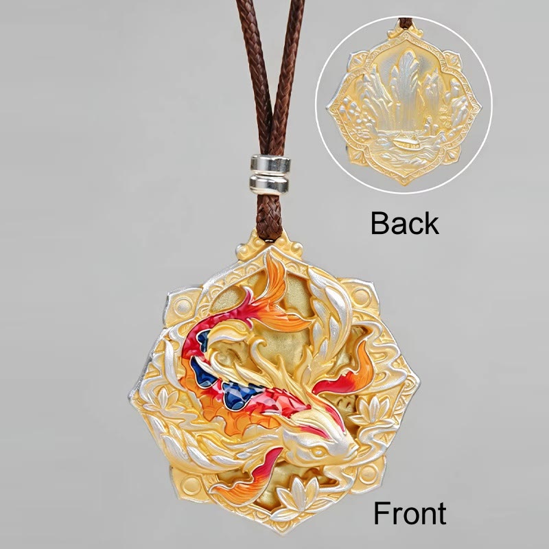 999 Silver Koi Pendant – Multiple pendant angles arranged on dark surface, koi luck necklace set