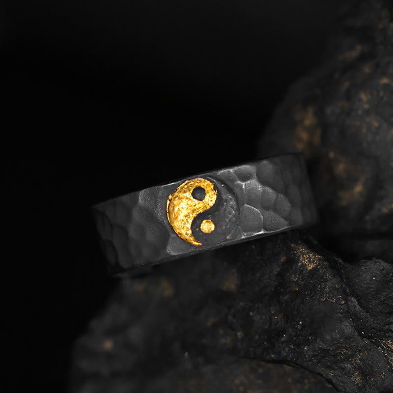999 Silver Gold Yin Yang Ring - Black forged ring with gold yin-yang on volcanic rock, men's spiritual ring
