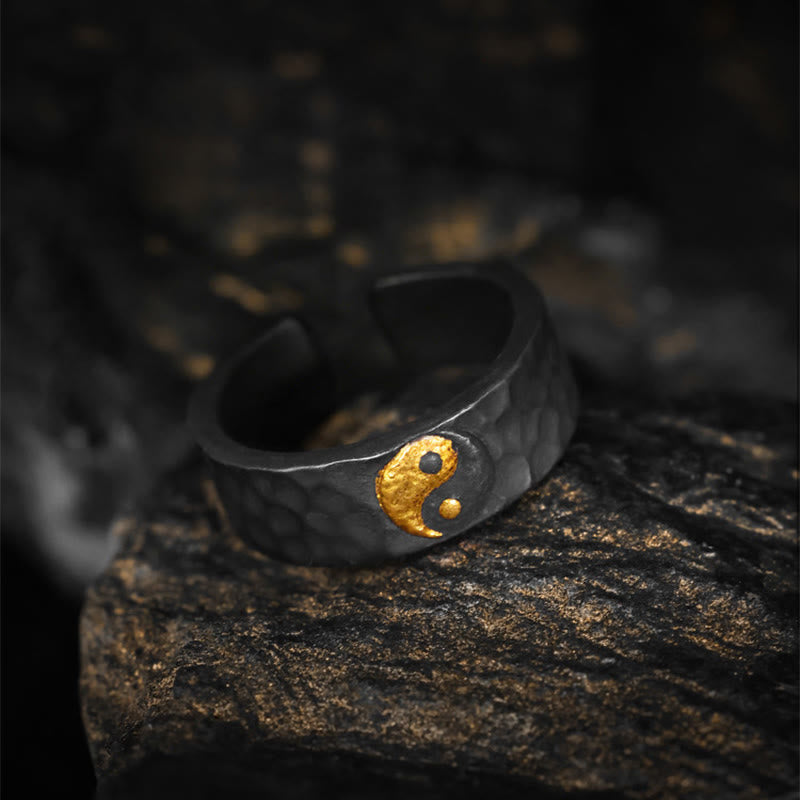 999 Silver Gold Yin Yang Ring - Open cuff ring with gold yin-yang on textured stone, men's adjustable ring