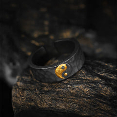 999 Silver Gold Yin Yang Ring - Open cuff ring with gold yin-yang on textured stone, men's adjustable ring