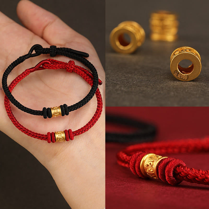 999 Gold Om Mani Padme Hum Red String Bracelet – composite grid with hand model, gold bead macro and ring detail, red string bracelet