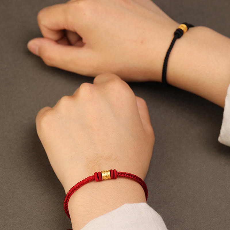 999 Gold Om Mani Padme Hum Red String Bracelet – composite grid with hand model, gold bead macro and ring detail, red string bracelet