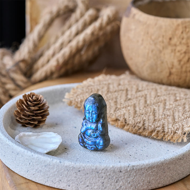 Natural Labradorite Buddha Figurine Mini Crystal Healing Statue – back view smooth figurine, natural gemstone sculpture