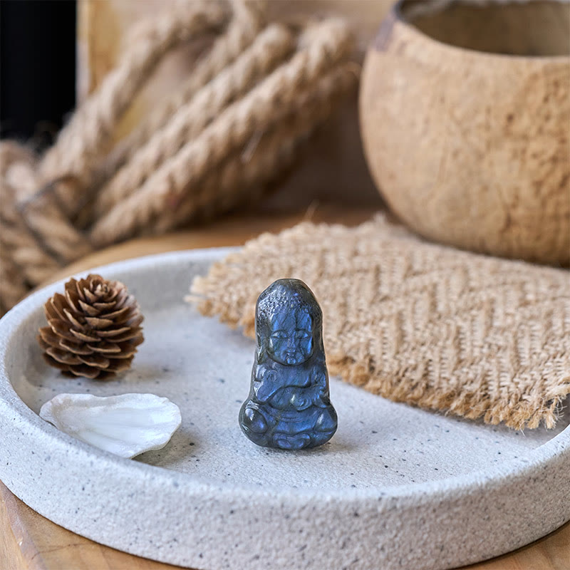 Natural Labradorite Buddha Figurine Mini Crystal Healing Statue – on wooden shelf, zen spiritual home decoration piece